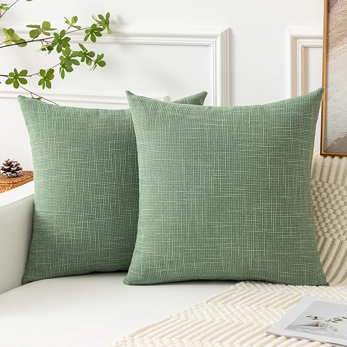 Kevin Textile Set of 2 Sage Green Pillow Covers 16 x 16 Inch Spring Farmhouse Boho Decorative Throw Pillow Covers Linen Cushion Covers for Sofa Couch Décor