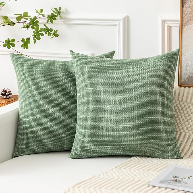 Kevin Textile Set of 2 Sage Green Pillow Covers Spring 24 x 24 Inch Farmhouse Boho Decorative Throw Pillow Covers Linen Cushion Covers for Sofa Couch Décor