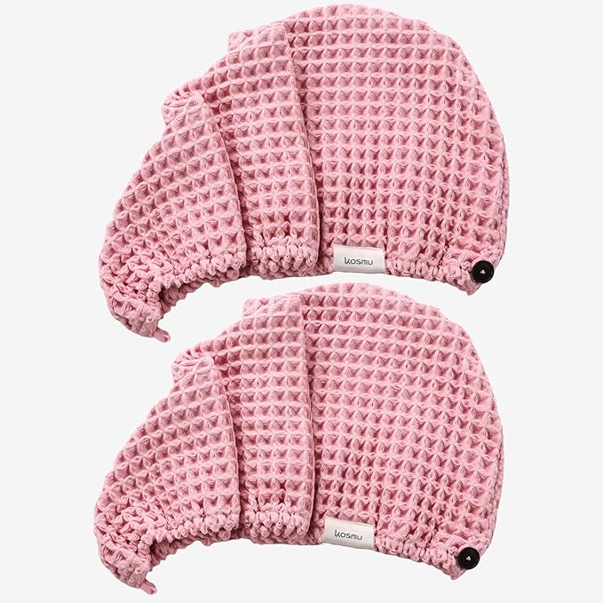 Luxury Organic Japanese Cotton Hair Drying Waffle Towel Wrap for Women | Absorbent, Quick-Dry Head Turban for Shower, Sauna, Spa | Extra Large for Long, Curly, Straight Hair With Button (Orange, 2 Pc)