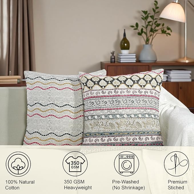 Ridhi Hand Block Print Neutral Ivory Grey Cotton TNT Cushion Cover 18x18 Decorative Throw Pillow Cover for Sofa, Living Room, Bedroom Decor, Soft, Cushion Case for Spring, Easter