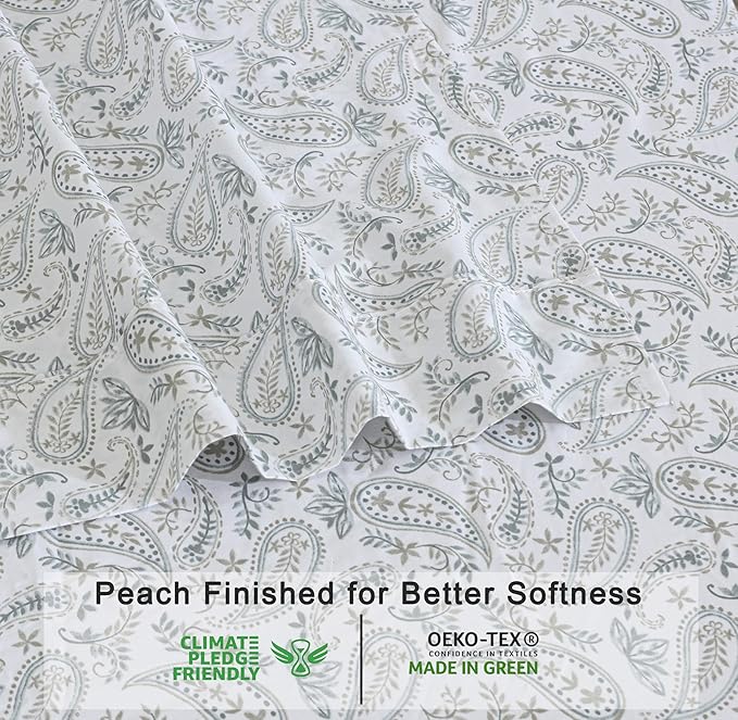 RUVANTI 100% Cotton Organic Percale Sheets Queen Size – Crisp Cooling Bed Sheets for Hot Sleepers, Deep Pocket 15”, Soft Peach Finish, Breathable & Durable Hotel-Style 4 Pcs, Ornate Oasis
