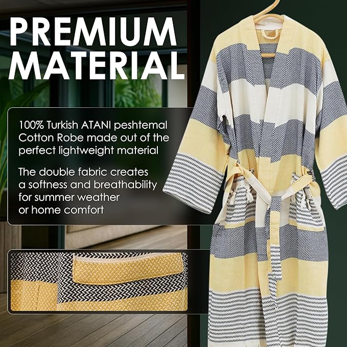 ATANI 100% Turkish Cotton Bathrobe S-XXL for Women & Men – Peshtemal Style Soft Cozy Lounge Robe, Absorbent & Lightweight