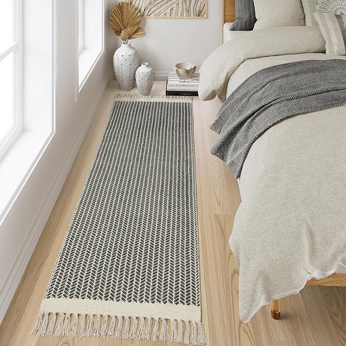 Lahome Belle Boho Hallway Runner Rug, 2x7 Kitchen Runners Rug Washable Bath Rugs for Bathroom Woven Cotton with Tassels, Farmhouse Carpet Non Shedding Grey Rugs for Bedroom Laundry