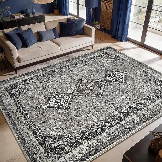 Keen Home Design 8x10 Rug - Machine Washable Area Rug with Non-Slip Backing, Ideal for Living Room, Dining Room, Bedroom - Vintage, Easy Clean, Durable, Low Pile Rug - (8' x 10')