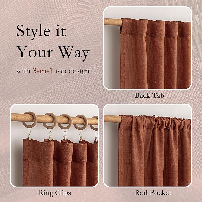 MYSKY HOME 90 Inches Long Curtains for Living Room Light Filtering Semi Sheer Curtains Bedroom Window Drapes Privacy Back Tab Farmhouse Rustic Boho Modern Country, Terracotta, 50" x 90", 2 Panels
