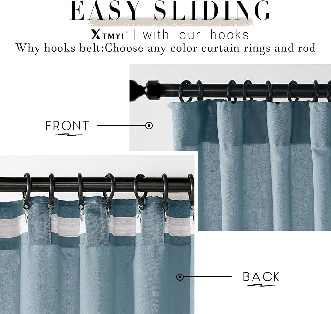 XTMYI Dusty Blue Curtains 96 Inches Long for Living Room,Light Filtering Country Vintage Hooks Pleated Back Tab Semi Sheer Linen Curtains for Bedroom 2 Panels Set,Stone Blue