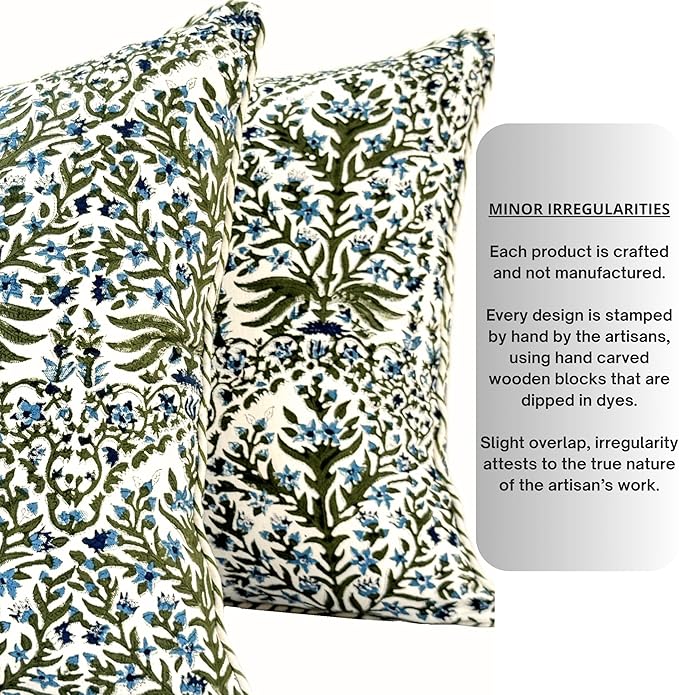 ATOSII Block Print Throw Pillow Covers, 20" X 20" - Set of 2, Decorative Couch Pillows for Living Room Bed Sofa, 100% Cotton Canvas Pillow Case for Home Decor & Outdoors, Preppy Throws - Nargis Blue