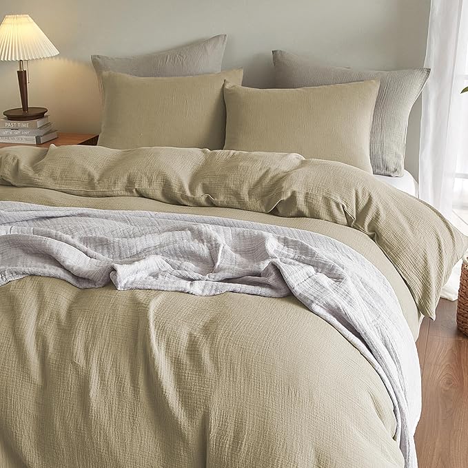 SE SOFTEXLY Muslin Duvet Cover Queen Size, 100% Washed Cotton Duvet Cover Set, Ultra Soft Comforter Cover Linen Like, 3 Pieces Minimalist Gauze Duvet Cover with 2 Pillowcases, 68"x90", Oatmeal