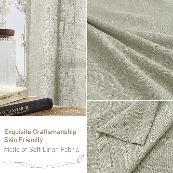 LAMIT Sage Grey Linen Curtains 54 Inch Length 2 Panels, Light Filtering Panels Back Tab and Rod Pocket Neutral Drapes for Kitchen/Window/Bedroom, 52 x 54 Inch