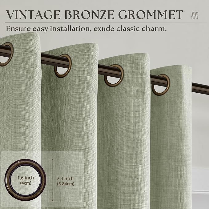 Light Green Linen Curtains 108 Inches Long Bronze Grommet Semi Sheer Sage Drapes for Living Room Light Filtering Neutral Boho Privacy Floor to Ceiling 108 Inch Curtains 2 Panel Set For Large Window