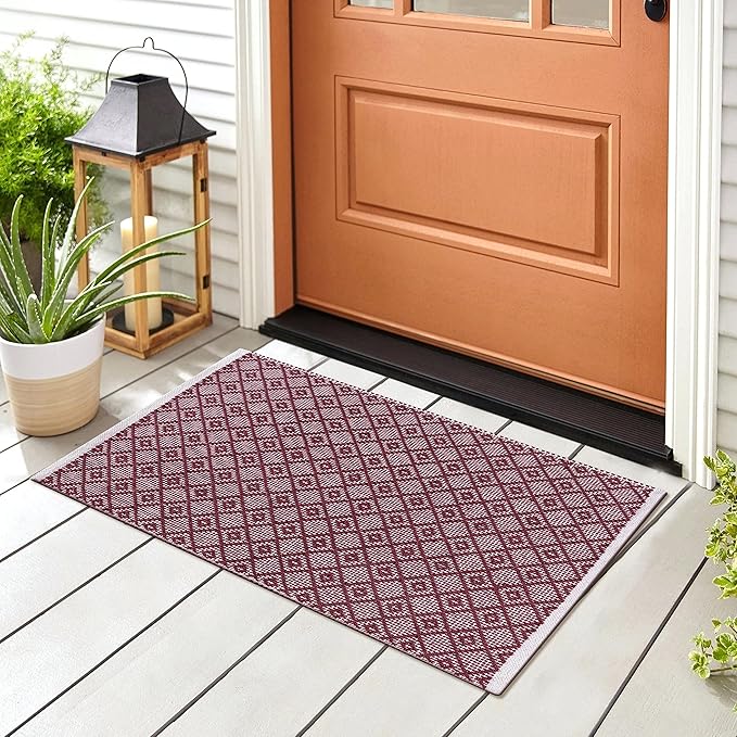 Cotton Diamond Woven Area Rug 2x3 Feet - Burgundy, Anti Slip Soft Durable Cotton Boho Front Door Mat Ideal for Entryway, Kitchen, Bedroom | Laundry Space Machine Washable Throw Carpet for Balcony