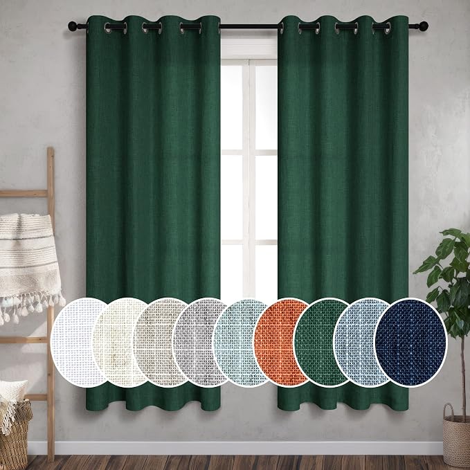Emerald Green Curtains 63 Inch Length 2 Panel Set Semi Sheer Linen Grommet Lightweight Light Filter Dark Green Academia Curtain for Living Room Bedroom 52x63 Inches Long Boho Cute Home Decor Aesthetic