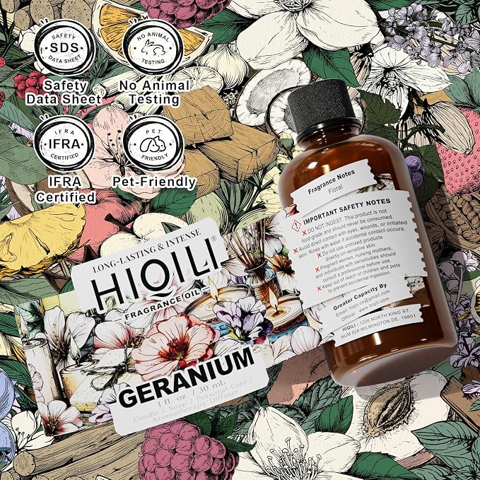 HIQILI Geranium Fragrance Oil for Diffuser & Soap Making - 1 Fl Oz | Essential Oil for Candle & Body Lotion Making, Long-Lasting Scents, Car Freshies - 30 ML