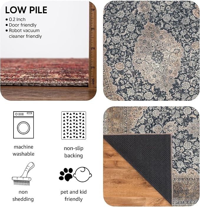 Keen Home Design 6x9 Rug - Machine Washable Area Rug with Non-Slip Backing, Ideal for Living Room, Dining Room, Bedroom - Vintage, Easy Clean, Durable, Low Pile Rug - (6' x 9')