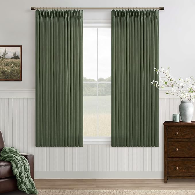 Olive Green Linen Semi Sheer Curtains 63 Inch Length 2 Panels for Kitchen Dining Room Small Windows Pinch Pleated Light Filtering Boho Farmhouse Curtains for Bedroom Pinch Pleat Back Tab Moss Green