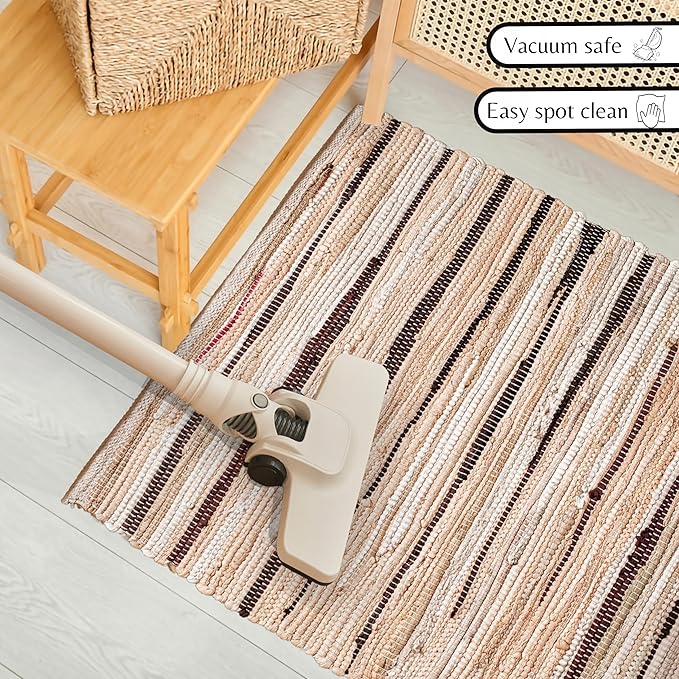 Cotton Hand Woven Chindi Rug 2x3 Feet - Beige, Decorative Soft Throw Indoor Floor Rag Rugs Ideal for Entryway, Kitchen, Kids Room | Durable Lightweight Neutral Home Space Dhurrie for Costal Décor