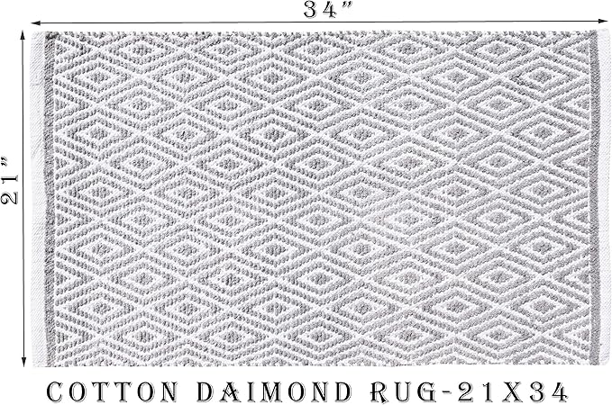 Ramanta Home 100% Cotton Diamond Handwoven Reversible Rug 21x34 Inch– Grey| Soft Washable Area Rug for Bathroom, Kitchen, Bedroom, Entryway | Durable Lightweight Handmade Accent Floor Mat | Boho Décor