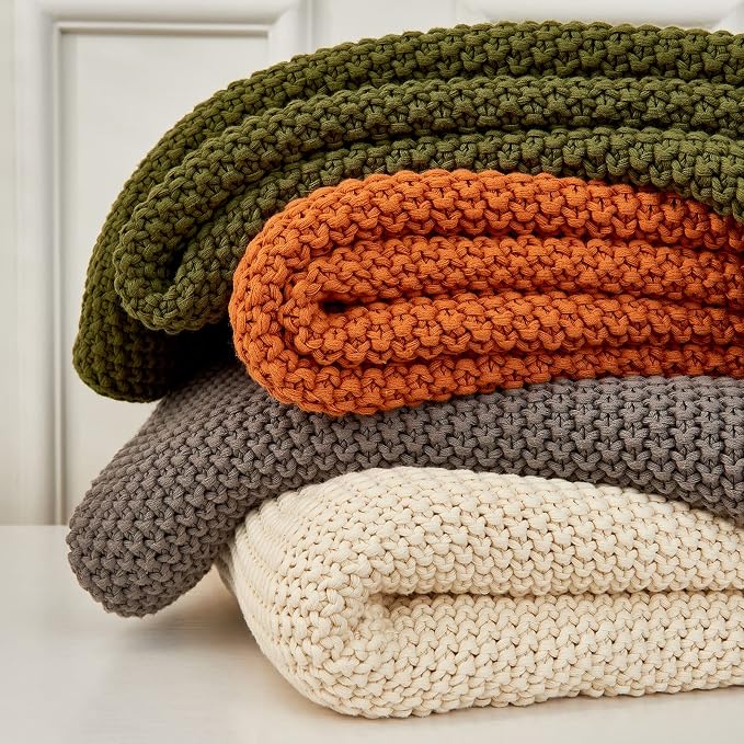 Longhui bedding Chunky Cable Knit Throw Blanket Lightweight Cream 100% Organic Cotton Blanket for Sofa Couch Bed Baby Nursery, Rustic Shabby Chic Modern Farmhouse, 51” x 63” Give Laundering Bag