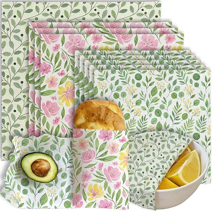 Reusable Beeswax Wraps, 9 Pack Plastic-Free Food Storage, Sandwich, Bread, Fruit Covers, Organic, Sustainable, Zero Waste, Biodegradable, 1XL, 3M, 5S, Pink Flowers and Green Leaves Print
