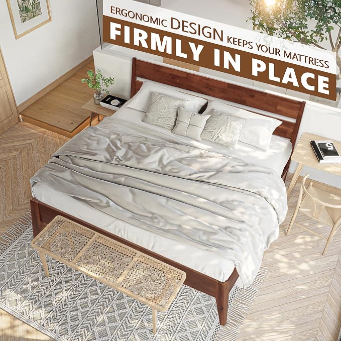 Acacia Emery Bed Frame with Headboard Solid Wood Platform Bed, Queen Size Bed Frame, Mid - Century Modern Wood Bed Compatible with All Mattresses, Easy Assembly, Non-Slip, Walnut