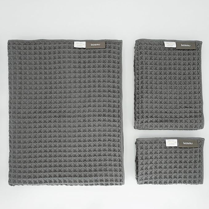 Luxury Organic Japanese Cotton Waffle Bath Towel | Thick, Absorbent, Quick Dry Bathroom Towels for Shower, Sauna, Onsen| Hotel & Spa Quality, Gift-Ready (Smoke Grey, Bath Sheet Set (3-Piece))