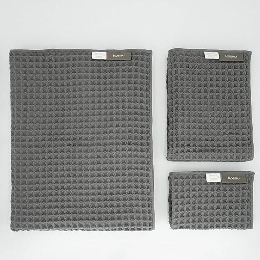Luxury Organic Japanese Cotton Waffle Bath Towel | Thick, Absorbent, Quick Dry Bathroom Towels for Shower, Sauna, Onsen| Hotel & Spa Quality, Gift-Ready (Smoke Grey, Bath Sheet Set (3-Piece))