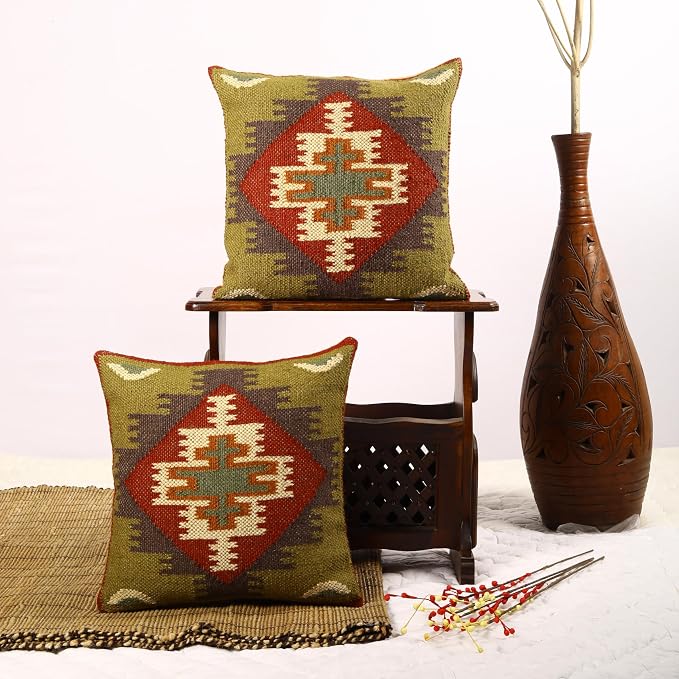 Trade Star 70% Jute 30% Wool Handloomed Cushion Cases Set of 2 Throw Pillow Covers Kilim Cushion Covers Handwoven Pillowcase Beautiful Pillow Shams for Home Decor (Kilim 4)
