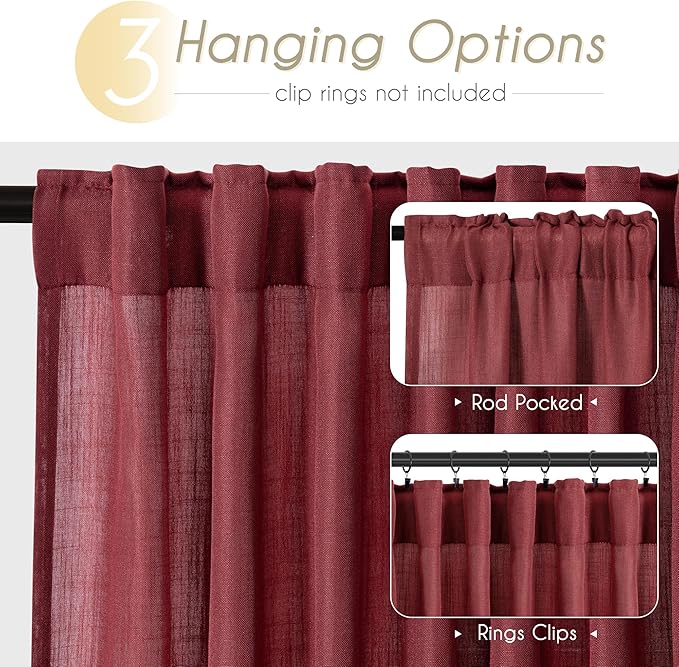 Burgundy Curtains for Living Room Back Tab Modern Farmhouse Semi Sheer Burgundy Curtains 108 inches Long 2 Panels Set Muted Neutral Window Curtain for Dining Room Bedroom 52x108