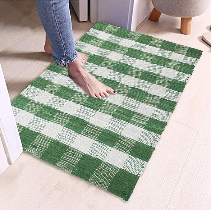 GLAMBURG Cotton Buffalo Check Plaid Washable Handwoven Checkered Welcome Door Mat 18x30 for Kitchen Bathroom Outdoor Porch Laundry Living Room, Farmhouse Reversible Rag Rug Green White