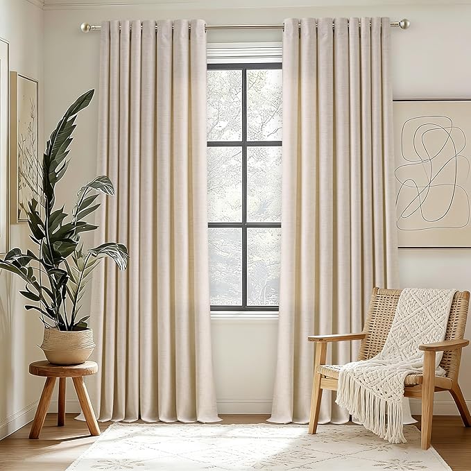 90 Inch Length 2 Panels Oatmeal Beige Linen Curtains Light Filtering Semi Sheer Grommet Drapes Thick Linen Privacy Boho Farmhouse Window Curtain for for Bedroom Sliding Door 52x90