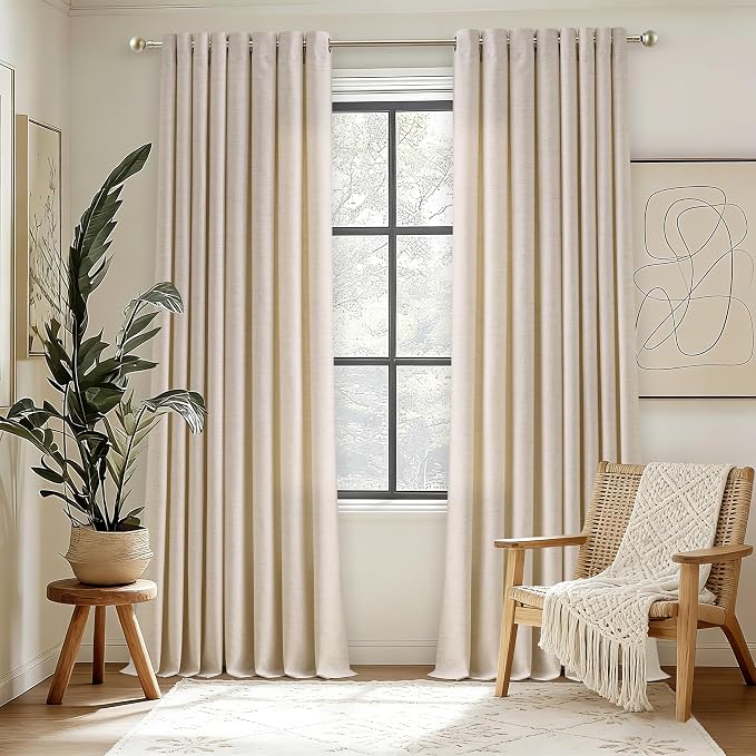 84 Inch Length 2 Panels Set Natural Linen Curtains Light Filtering Semi Sheer Grommet Drapes Thick Linen Privacy Non-See-Through Curtain for Living Room 52x84