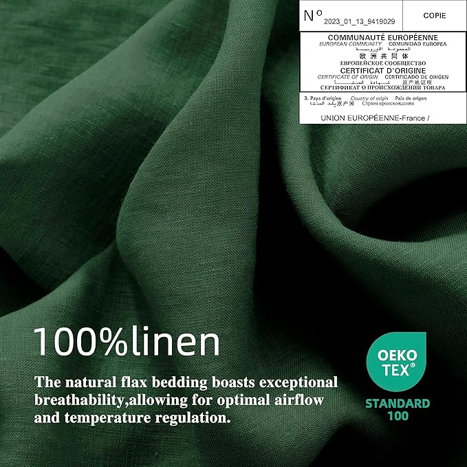 EVERLY Linen Twin Size Sheets Set,100% French Washed Pure Linen Bed Sheets Deep Pocket Sheets,3Pieces(1Flat Sheet,1Fitted Sheet,1Pillowcase) Suitable for Hot Sleepers,180GSM Dark Green Bedding Set