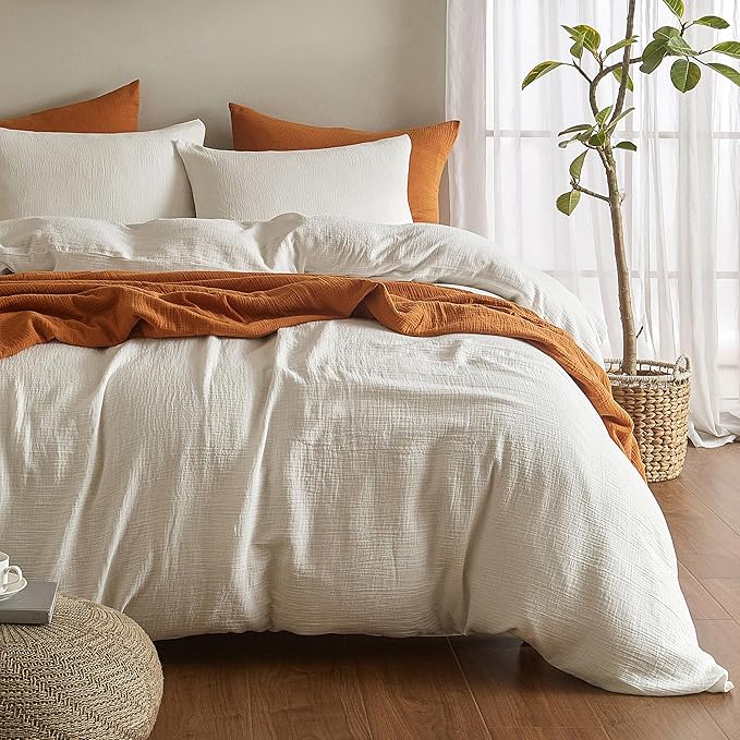 SE SOFTEXLY Muslin Duvet Cover Queen Size, 100% Washed Cotton Duvet Cover Set, Ultra Soft Comforter Cover Linen Like, 3 Pieces Minimalist Gauze Duvet Cover with 2 Pillowcases, 80"x90", White