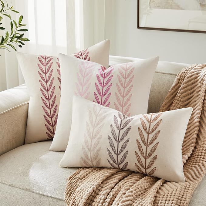 100% Cotton Farmhouse Leaves Lumbar Throw Pillow Covers Set of 2, 12x20 Inch Mixed Pink Pastoral Decorative Print Cushion Covers for Sofa Bed Living Room Home Decor