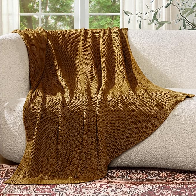 100% Cotton Cable Knit Throw Blanket, Large Lightweight Soft Knit Blanket for Sofa Couch Bed, Breathable All-Season Throw, Cozy Decorative Blanket, 60 x 80 Inch,Mustard