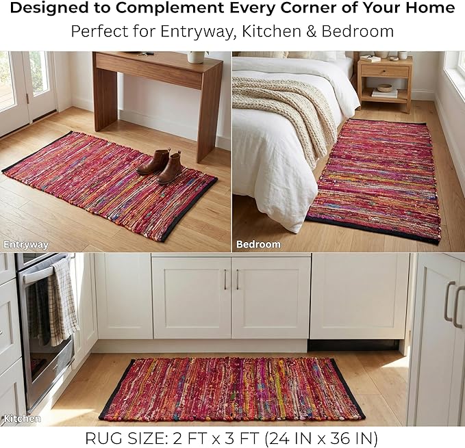 Cotton Hand Woven Area Rug 2x3 Feet - Multi, Colorful Durable Small Bohemian Decorative Rag Rugs Ideal for Entryway, Kitchen, Bedroom | Red Farmhouse Reversible Soft Door Way Floor Mat for Balcony