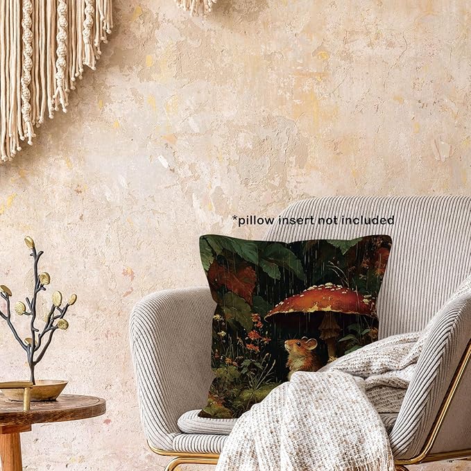 Rat Mouse Mushroom Throw Pillow Cover Gifts 18x18, Dark Academia Cottagecore Decor Pillow Cases for Bedroom Living Room, Vintage Moody Forest Decorative Square Pillowcases for Couch Bed Sofa