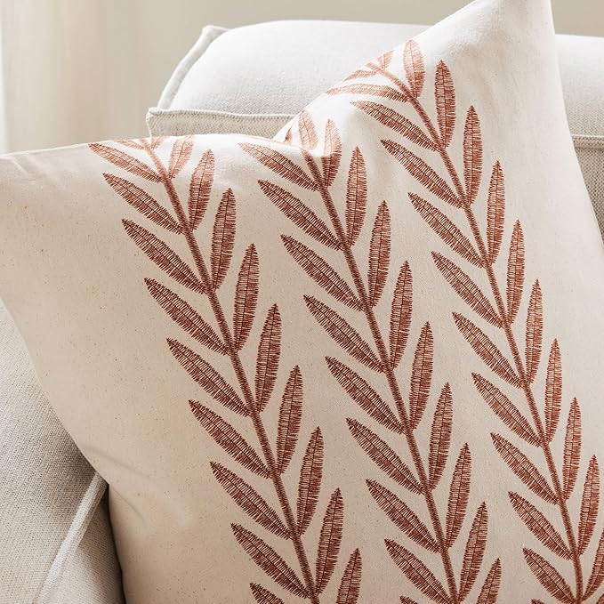 100% Cotton Farmhouse Leaves Lumbar Throw Pillow Covers Set of 2, 12x20 Inch Terracota Pastoral Decorative Print Cushion Covers for Sofa Bed Living Room Home Decor