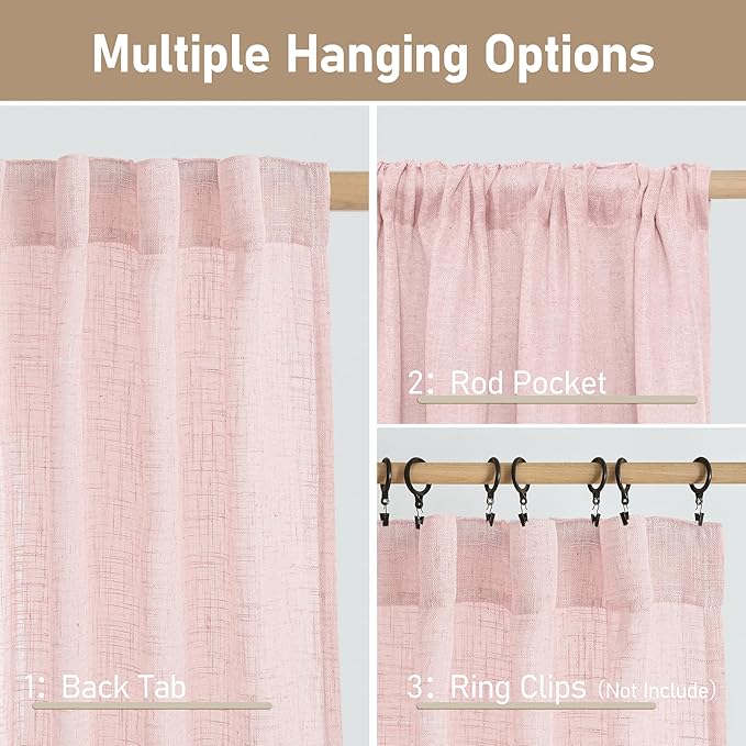 LAMIT Pink Linen Curtains for Living Room 96 Inches, Back Tab and Rod Pocket Semi Sheer Panels Light Filtering Farmhouse Drapes for Bedroom/Girl's Room, Set of 2, 52 x 96 Inch