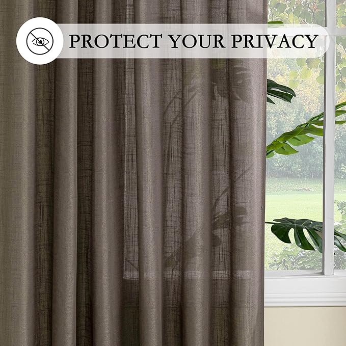 MYSKY HOME Dark Brown Sheer Curtains 63 inch Length Semi Sheer Curtains for Bedroom Light Filtering Short Window Treatment Privacy Protect Boho Farmhouse Soft Drapes Set, Back Tab, 50" Wide, 2 Pieces