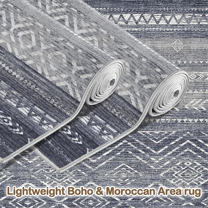 Tortania Area Rug Living Room Rugs- 10x14 Washable Large Soft Neutral Boho Moroccan Bohemian Farmhouse Rug Indoor Floor Carpet for Bedroom Under Dining Table Home Office Decor - Blue Gray