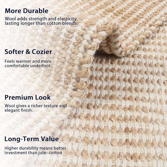 6' x 9' Jute & Wool Mini Check Area Rug with 4-Inch Border | Handwoven, Pile - 0.6"| Living Room, Dining & Bedroom Rug, Neutral Indoor Natural Farmhouse Décor (6' x 9')