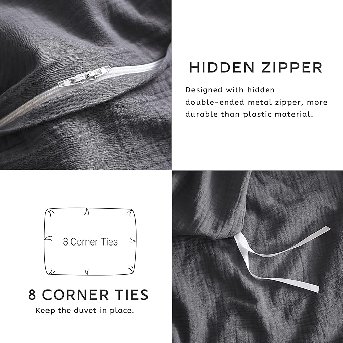 SE SOFTEXLY Muslin Duvet Cover Queen Size, 100% Washed Cotton Duvet Cover Set, Ultra Soft Comforter Cover Linen Like, 3 Pieces Minimalist Gauze Duvet Cover with 2 Pillowcases, 90"x90", Dark Grey