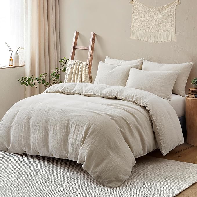 ATLINIA 100% Flax Linen Duvet Cover Set - Stone Washed Pure French Linen Organic Fabric for Farmhouse Comforter Boho Bedding Included 1 Duvet Cover 2 Pillow Shams(Natural, Queen)