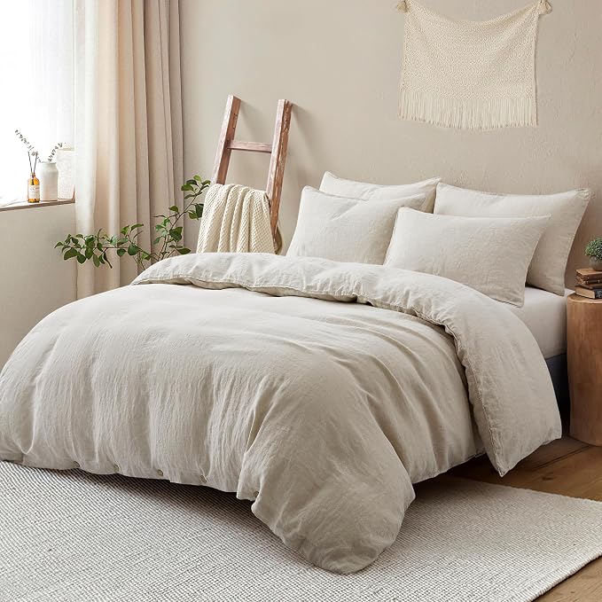 ATLINIA 100% Flax Linen Duvet Cover Set - Stone Washed Pure French Linen Organic Fabric for Farmhouse Comforter Boho Bedding Included 1 Duvet Cover 2 Pillow Shams(Natural, California King)
