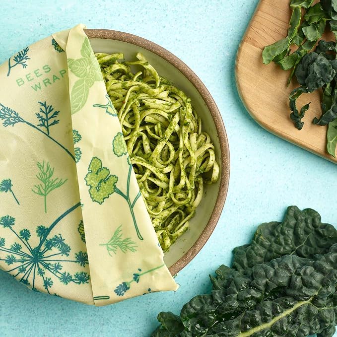 Bee's Wrap Vegan Beeswax Wraps for Food - 3 Pack of Assorted Beeswax Wraps - Small, Medium & Large Wrap - Plastic Free Made in USA Reusable Natural Food Wrap - Herb Garden Print