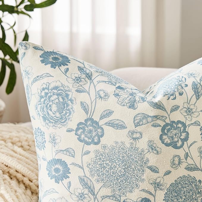 100% Cotton Botanical Throw Pillow Covers Set of 2, 16x16 Inch Light Blue, Farmhouse Double-Sided Floral Print Decorative Cushion Covers Pillow Cases Boho Home Decor
