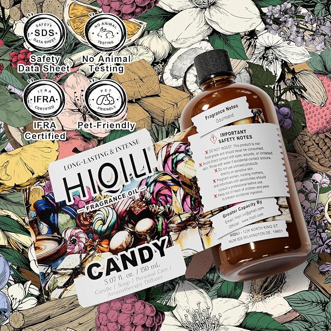 HIQILI Candy Fragrance Oil for Diffusers for Home - 5.07 Fl Oz | Long-Lasting Sweet Scent, Perfect for Soap & Candle Making, Pet Safe, Graduated Dropper Included