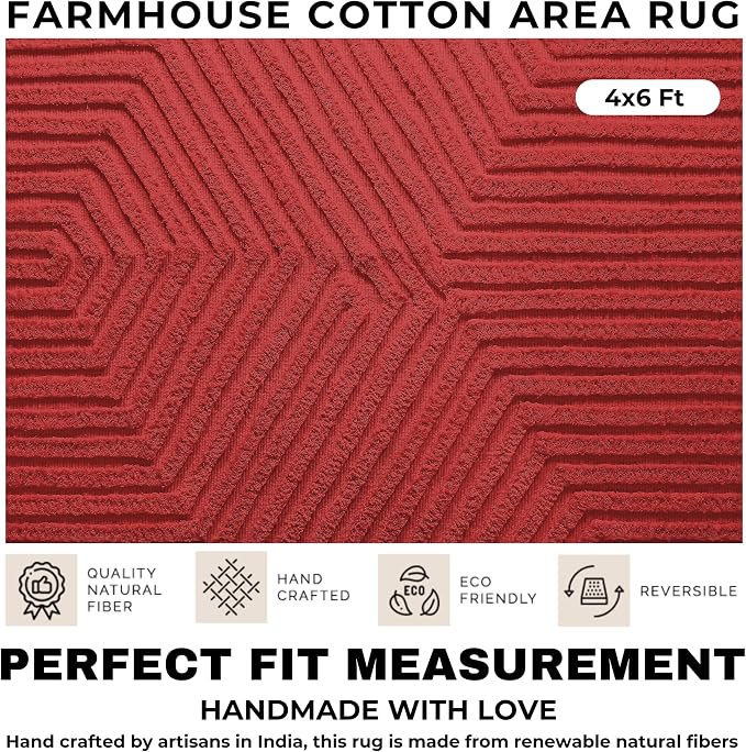 Boho Rugs for Living Room 4x6, Farmhouse Cotton Area Rug for Bedroom, Washable Tufted Indoor Floor Carpet for Kitchen Dorm Office Dining Room Office Home Decor, Rust Bricks