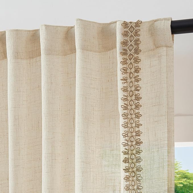 jinchan Beige Linen Blend Curtains with Woven Trim Boho Curtains 108 Inches Extra Long 2 Panels Living Room Bedroom Light Filtering 50 Inches Wide Rustic Farmhouse Drapes Rod Pocket Back Tab Ecru